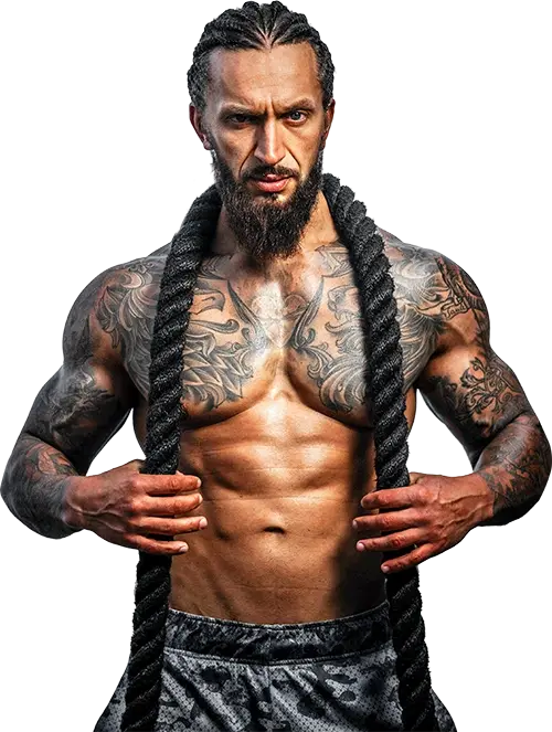 gym man with battle ropes on his neck
