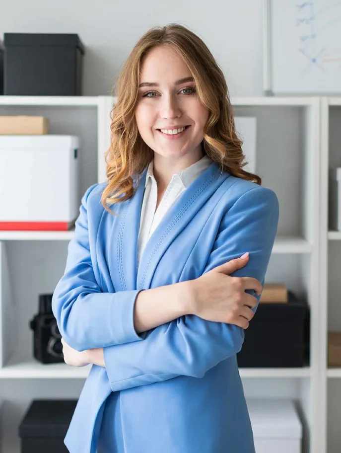 business woman with blue suit confident