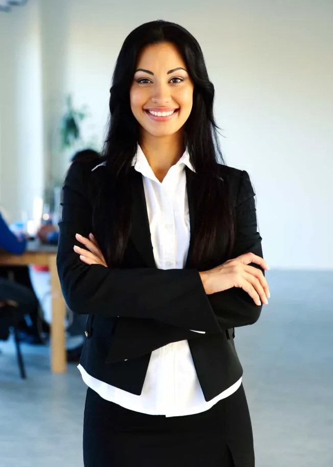 business woman black suit confident