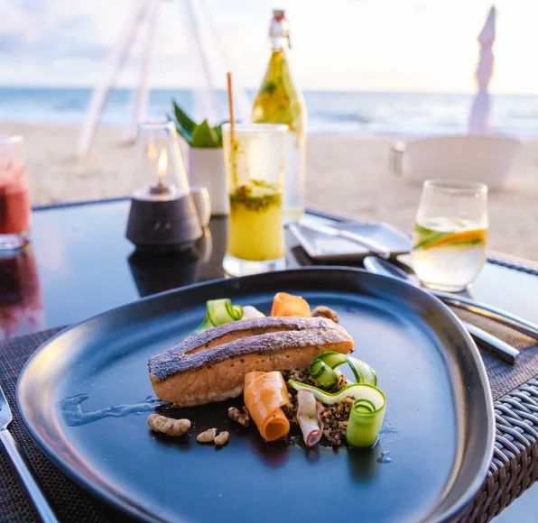 grilled salmon dinner during sunset