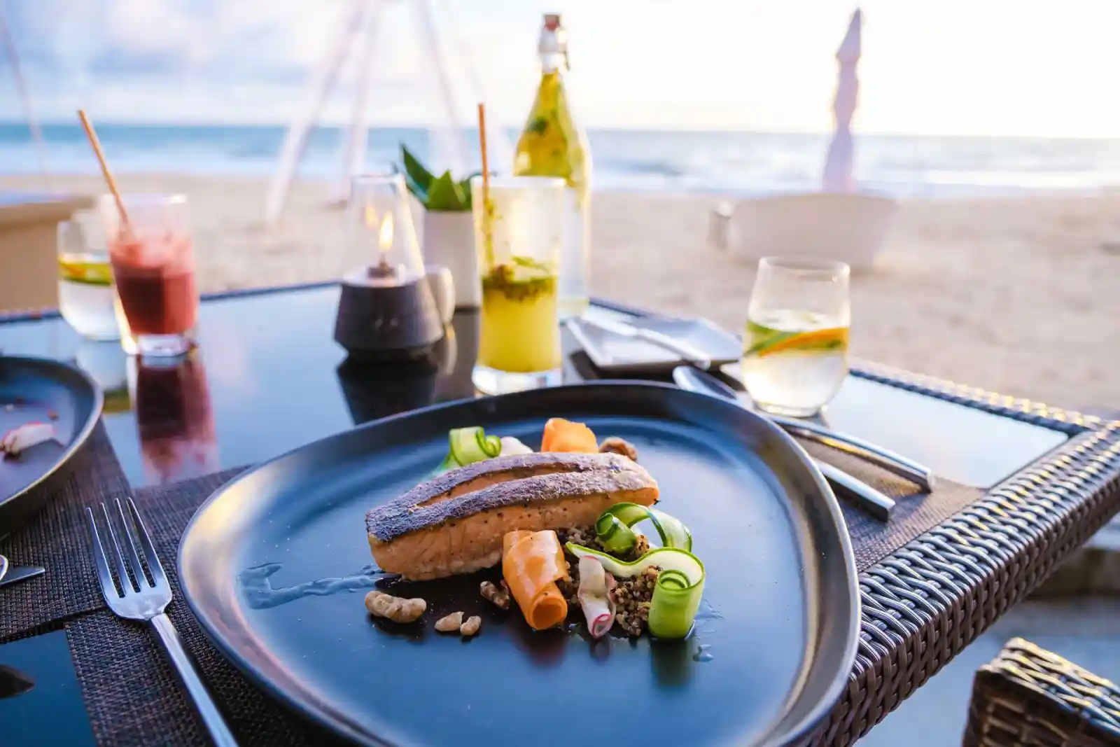 grilled salmon dinner during sunset