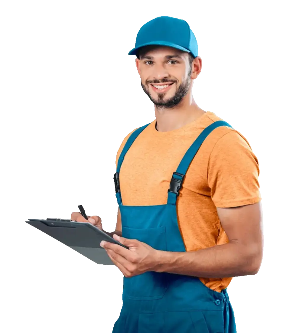 smiling mechanic writing in clipboard
